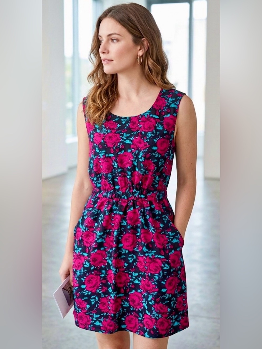 Floral Sleeveless Fit & Flare Dress in Magenta and Teal - size Medium